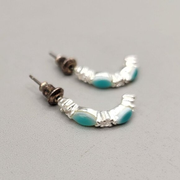Turquoise Color Silver Tone Half Hoop Earrings With Stud Back - Picture 7 of 7